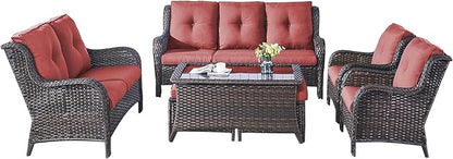 Outdoor Patio Furniture Sofa Set - 7 Piece Rattan Wicker Patio Sectional Conversation Sets with 1 Sofa,1 Loveseat,1 Coffee Table,2 Armrest Chairs and 2 Ottomans for Porch Deck Garden(Brown/Red)