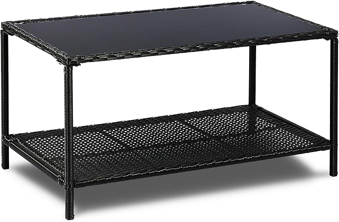 SUNNYPARK Outdoor Rattan Coffee Table 36’’ All-Weather Wicker Patio Side Tables with Glass Top and Storage Shelf Furniture for Living Room Balcony Backyard Poolside