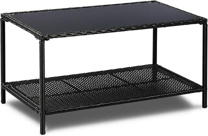 SUNNYPARK Outdoor Rattan Coffee Table 36’’ All-Weather Wicker Patio Side Tables with Glass Top and Storage Shelf Furniture for Living Room Balcony Backyard Poolside