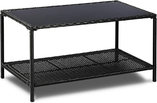 SUNNYPARK Outdoor Rattan Coffee Table 36’’ All-Weather Wicker Patio Side Tables with Glass Top and Storage Shelf Furniture for Living Room Balcony Backyard Poolside