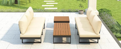 Outdoor Sectional Sofa Set with Adjustable Reclining Seats, L-Shaped or Straight Configurable Patio Conversation Set, Weather-Resistant WPC Tables & Water-Resistant Cushions for Backyard