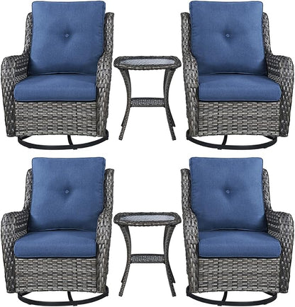 Rilyson Wicker Rocking Chair Swivel Chairs – 6 Piece Rocker Patio Furniture Set Rattan Rocking Bistro Sets with Glass Top Side Table for Outdoor Porch Deck Garden Backyard(Mixed Grey/Blue)