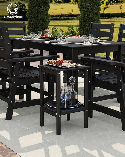 GREENVINES Tall-Outdoor-Side-Table Set of 2 | 23.5" | HDPE Plastic | Patio Adirondack End Tables | All Weather | 2-Tier | Black | for Porch Garden Indoor & Rocking Chairs