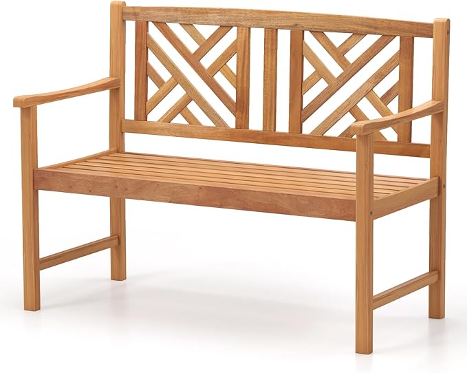 HAPPYGRILL Outdoor Wood Bench, 2-Seat Acacia Wood Loveseat Chair w/Slatted Seat & Patterned Backrest, 800 lbs Capacity, Patio Bench for Garden, Yard, Lawn