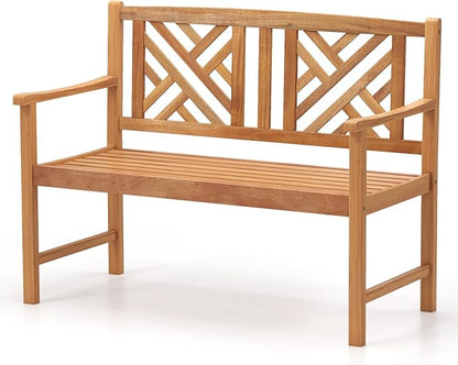 HAPPYGRILL Outdoor Wood Bench, 2-Seat Acacia Wood Loveseat Chair w/Slatted Seat & Patterned Backrest, 800 lbs Capacity, Patio Bench for Garden, Yard, Lawn