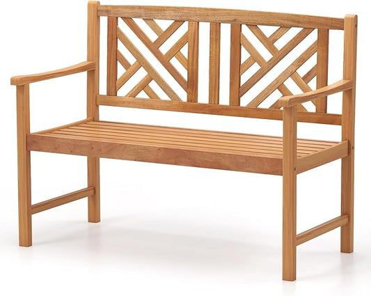 HAPPYGRILL Outdoor Wood Bench, 2-Seat Acacia Wood Loveseat Chair w/Slatted Seat & Patterned Backrest, 800 lbs Capacity, Patio Bench for Garden, Yard, Lawn