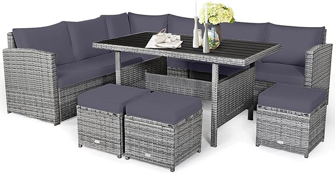 COSTWAY 7 PCS Wicker Outdoor Conversation Set, Patio Sectional Furniture Sofa Set with Table & Seat Cushions, Rattan Furniture Sets for Backyard Garden Poolside Porch, Grey