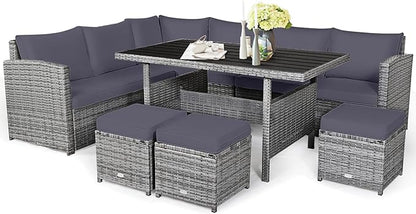 COSTWAY 7 PCS Wicker Outdoor Conversation Set, Patio Sectional Furniture Sofa Set with Table & Seat Cushions, Rattan Furniture Sets for Backyard Garden Poolside Porch, Grey
