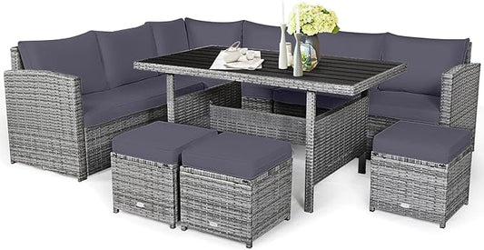 COSTWAY 7 PCS Wicker Outdoor Conversation Set, Patio Sectional Furniture Sofa Set with Table & Seat Cushions, Rattan Furniture Sets for Backyard Garden Poolside Porch, Grey