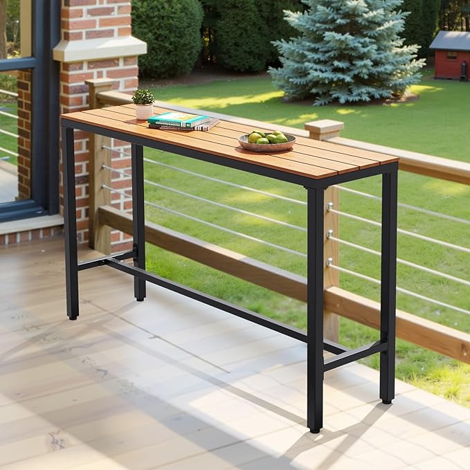 Crestlive Products Outdoor Bar Table, 55'' Rectangle Patio Counter Height Table High Pub Table with Waterproof Top and Sturdy Metal Frame for Balcony, Bistro, Garden, Backyard, Hot Tub (Brown)