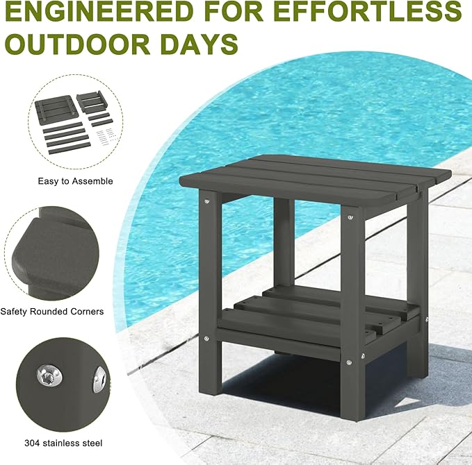 Adirondack Outdoor Side Table Set of 2, 2-Tier Small Patio End Table, Weather Resistant HDPE Outdoor End Tables for Garden, Lawn, Pool, Beach, Porch, Deck, Backyard - Square, Dark Gray