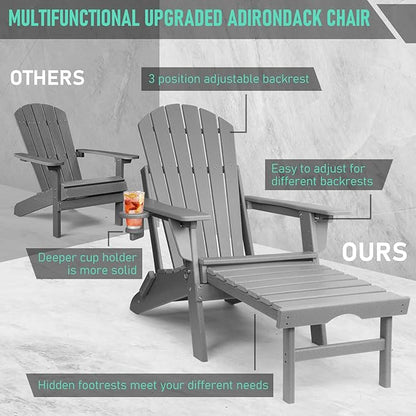FUNBERRY Adjustable Folding Adirondack Chair with Retractable Ottoman, All Weather Fire Pit Chairs with Cup Holder