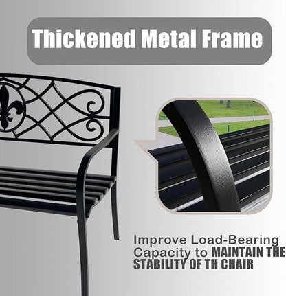 Metal Bench Patio Bench, Outdoor Benches Weatherproof with Floral Backrest, Wrought Iron Garden Benches for Outdoors, Patio, Garden, Park, 2 Pack