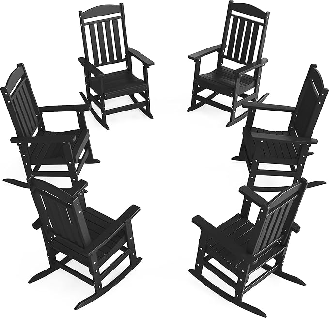 Outdoor Rocking Chairs Set of 6, Oversized High Back Patio Rocking Chairs, All Weather Porch Rocking Chairs for Outside. Black