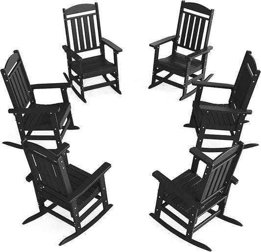 Outdoor Rocking Chairs Set of 6, Oversized High Back Patio Rocking Chairs, All Weather Porch Rocking Chairs for Outside. Black