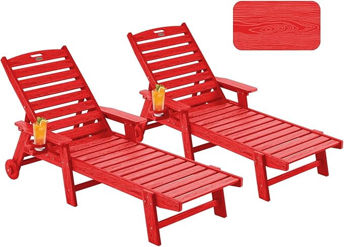 Chaise Lounge Chair Outdoor with Wheels, Oversize Patio Lounge Chairs with Wood Texture, 5-Position Plastic Lounge Chairs Set of 2-Red(Separate Delivery)