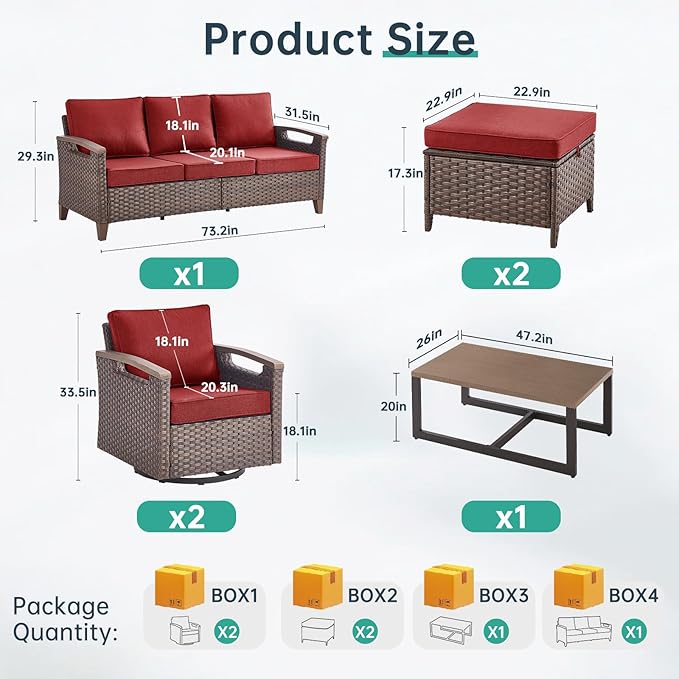 Luxury 8 Piece Heavy Duty Patio Furniture Set with Swivel Chairs - All Weather Wicker Comfort Thick Cushion Outdoor Conversation Set for Porch Poolside Deck - Red