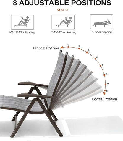 Crestlive Products Folding Patio Chaise Lounge Chair Outdoor, Aluminum Adjustable Outdoor Pool Recliner Chair, Assemble-Free, 8 Positions