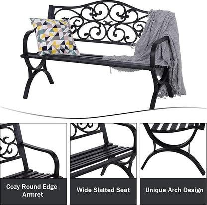 MFSTUDIO Outdoor Metal Bench Set of 2, 50 Inches Outdoor Garden Bench, Cast Iron Metal Frame Patio Park Bench with Floral Pattern Backrest, Arch Legs for Porch Lawn Yard, Black