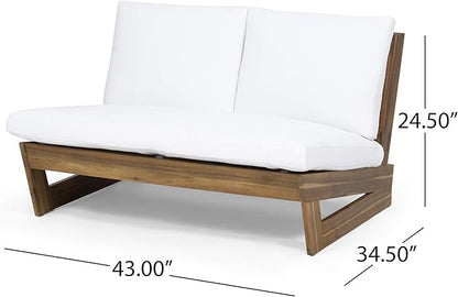 Great Deal Furniture Kaitlyn Outdoor Acacia Wood Loveseat with Cushions, Teak and White