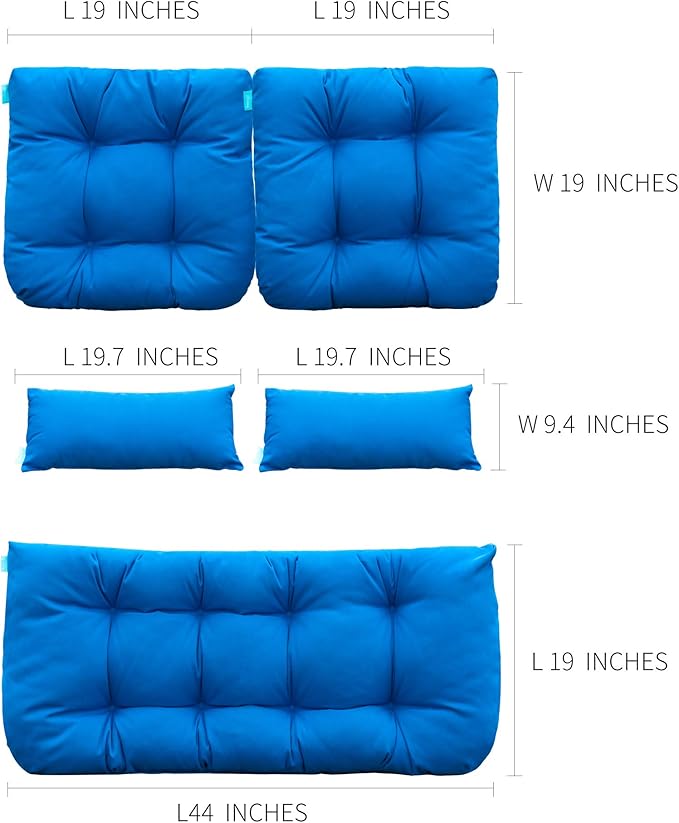 QILLOWAY Outdoor Patio Wicker Seat Cushions Group Loveseat/Two U-Shape/Two Lumbar Pillows for Patio Furniture,Wicker Loveseat,Bench,Porch,All Weather, Settee of 5 (Blue)