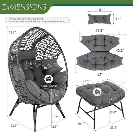 NICESOUL Patio Egg Chair with Ottoman, Indoor Outdoor Egg-Shell Lounge Chair, Cozy Oversized Round Circle Chair, Boho Rattan Egg-Shaped w/Cushion for Living Room, Balcony, Porch, Gray