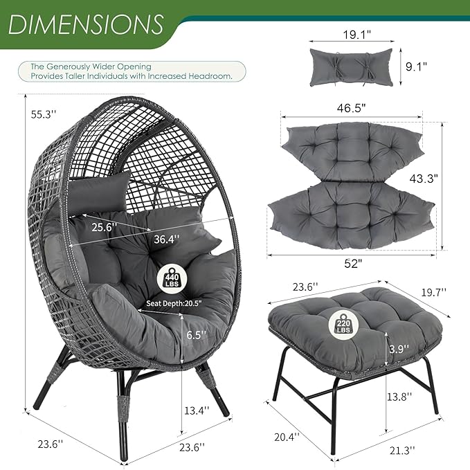 NICESOUL® 2 Person Wicker Stationary Egg Chair Indoor Outdoor Egg Basket Lounge Chair Oversized Egg Seat with Legs - Photo 3
