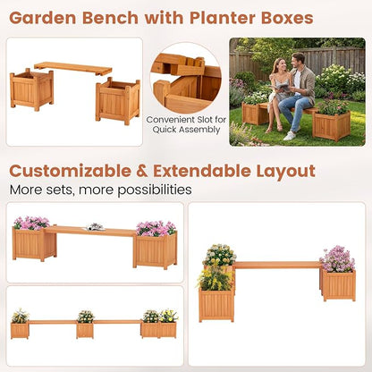 Giantex 2-in-1 Outdoor Bench with 2 Raised Garden Beds, Wood with Teak Oil Finish, Garden Bench Seat with Planter Boxes for Porch Balcony Lawn Yard, DIY Assembly, Orange