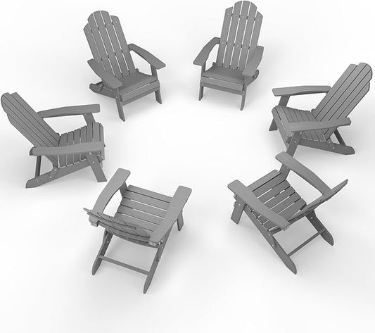 MXIMU Folding Adirondack Chair for Outdoor: Easy to Assemble and Comfortable Adirondack Chairs Set of 6 - All Weather Composite Plastic Chair for Outside Fire Pit Patio Lawn Garden Backyard Use(Grey)