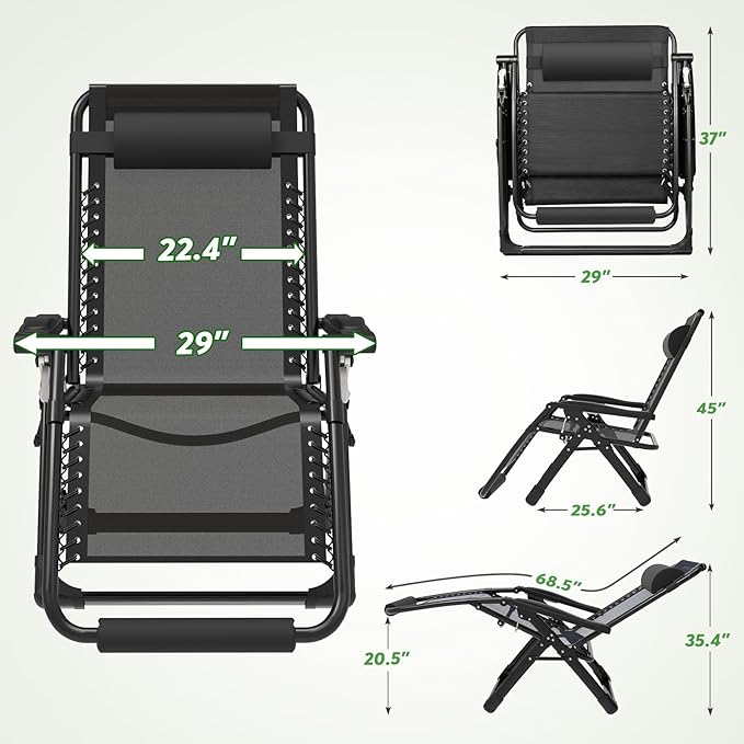 ZENPETIO 29In XL Zero Gravity Chair w/Cushion, Zero Gravity Recliner Lounge Chair for Indoor and Outdoor - Photo 3