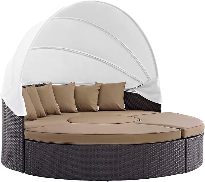 Modway Convene Wicker Rattan Outdoor Patio Retractable Canopy Round Poolside Sectional Sofa Daybed with Cushions in Espresso Mocha