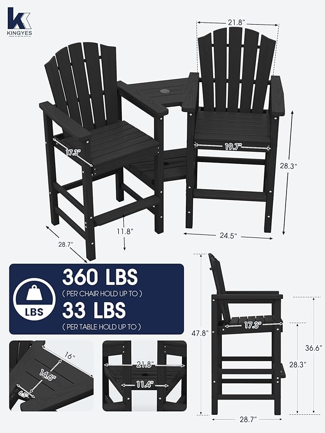 KINGYES Tall Adirondack Chair Set of 4, All Weather HDPE Outdoor Adirondack Bar Stools with Double Connecting Trays, Bar Height Airondack Chair with Wood Grain for Balcony, Deck, Backyard, Black
