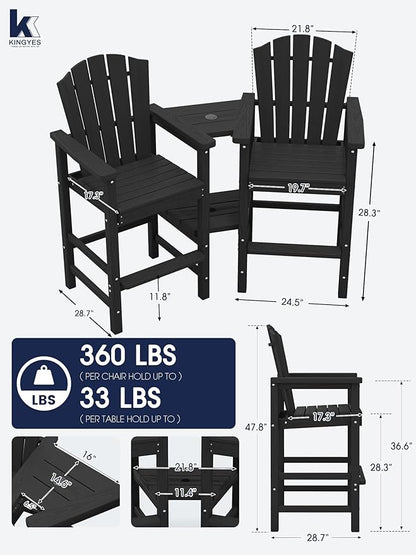KINGYES Tall Adirondack Chair Set of 2 with Double Connecting Trays, Outdoor HDPE Adirondack Barstools, High Airondack Chair with Wood Grain, Embossed Balcony Chair for Backyard, Black