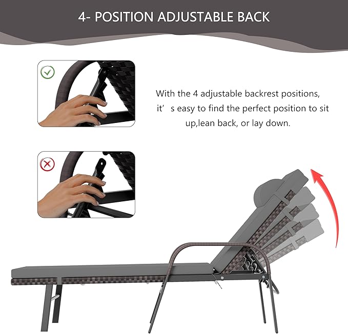 Patio Chaise Lounge Set 3 Pieces Outdoor Lounge Chair with Rattan Adjustable Backrest Armrest and Folding Table for Beach Patio,Sand, for Poolside Backyard Porch