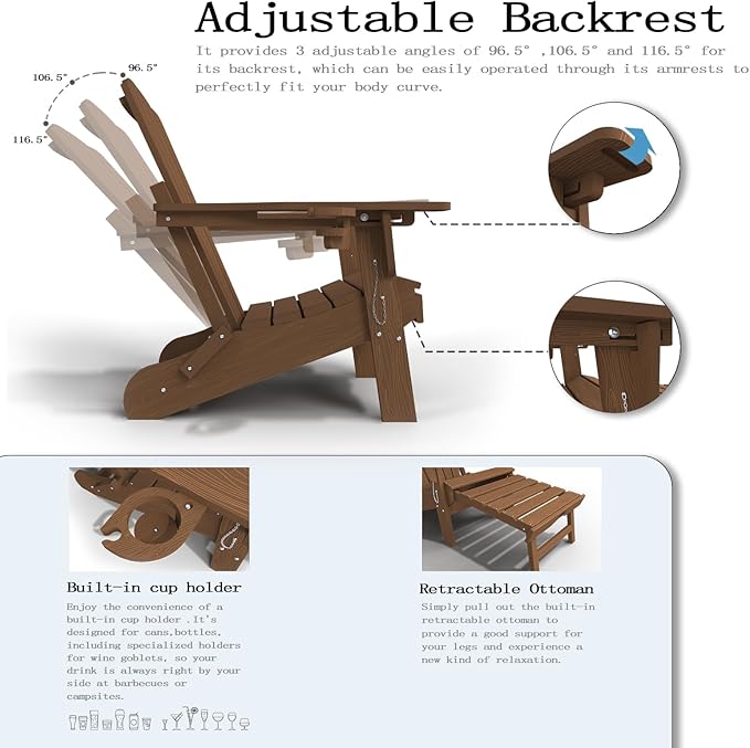 Adjustable Adirondack Chairs with Retractable Ottoman, HDEP Folding Adirondack Chair with Footrest & Cup Holder, All Weather Fire Pit Chair for Outdoor,Wood