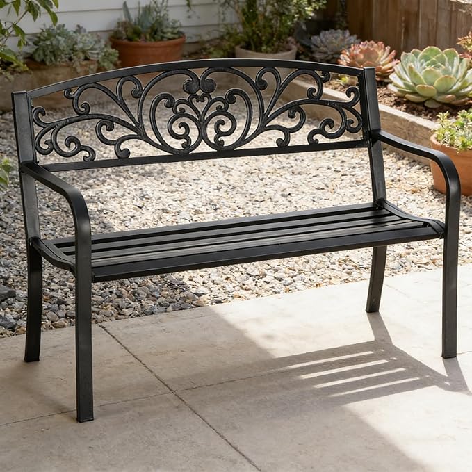 50" Metal Garden Benches for Outside, Front Porch Bench with Floral Pattern Backrest, Patio Yard Benches with Slatted Seat for Outdoors Park/Entryway/Backyard (Black)