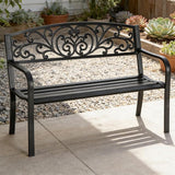50" Metal Garden Benches for Outside, Front Porch Bench with Floral Pattern Backrest - Photo 6