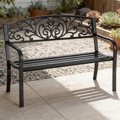 50" Metal Garden Benches for Outside, Front Porch Bench with Floral Pattern Backrest, Patio Yard Benches with Slatted Seat for Outdoors Park/Entryway/Backyard (Black)