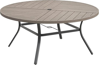 DIFY 59.8" Round Outdoor Patio Dining Table for 8-10, All-Weather Metal Steel Slatted Patio Table with 1.57" Adjustable Umbrella Hole for Garden, Backyard, Deck, Grey Wood-Like