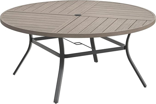 DIFY 59.8" Round Outdoor Patio Dining Table for 8-10, All-Weather Metal Steel Slatted Patio Table with 1.57" Adjustable Umbrella Hole for Garden, Backyard, Deck, Grey Wood-Like