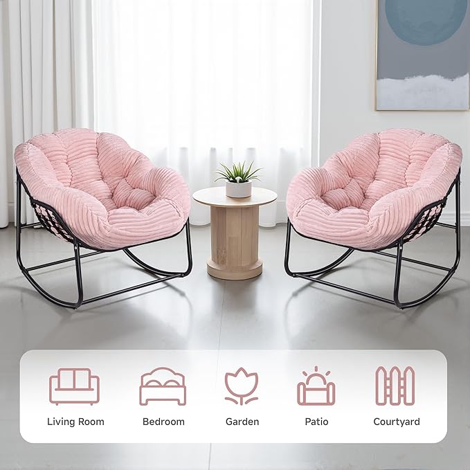 Indoor Rocking Chair, Oversized Outdoor Lounge Chair with Thick Corduroy Cushion & Straps, Wicker Modern Comfy Rocker Egg Chair for Living Room, Bedroom, Porch and Courtyard, Pink