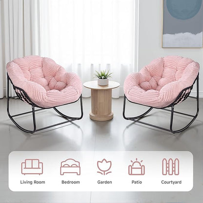 Indoor Rocking Chair, Oversized Outdoor Lounge Chair with Thick Corduroy Cushion & Straps, Wicker Modern Comfy Rocker Egg Chair for Living Room, Bedroom, Porch and Courtyard, Pink