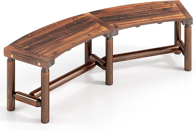 Tangkula Patio Curved Bench, Solid Wood Fire Pit Bench for 2-3 People, Outdoor Backless Loveseat for Backyard, Garden, Poolside, 800 LBS Max Load (1, Rustic Brown)