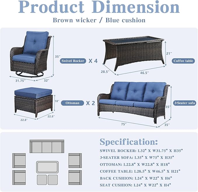 Belord 8 Piece Wicker Patio Furniture Set, Outdoor Swivel Rocker Chairs Set of 4 with Ottomans and Rattan Couch - Photo 2