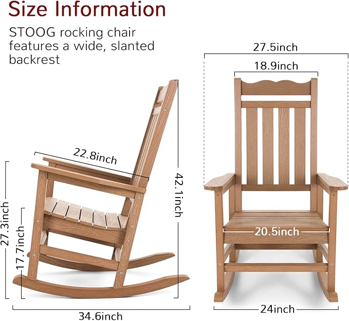 Stoog Patio Rocking Chairs Set of 2, All-Weather Outdoor & Indoor Porch Rocker with 400 lbs Weight Capacity, Front Porch Rocker Chairs Looks Like Real Wood, Teak