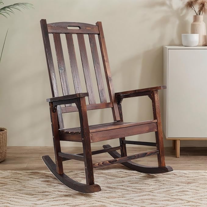 Wooden Rocking Chair Outdoor, Ergonomic High Back Patio Rocking Chairs, Porch Rocker for Backyard/Lawn/Patio/Garden/Balcony/FirePit/Indoor (Brown-1)