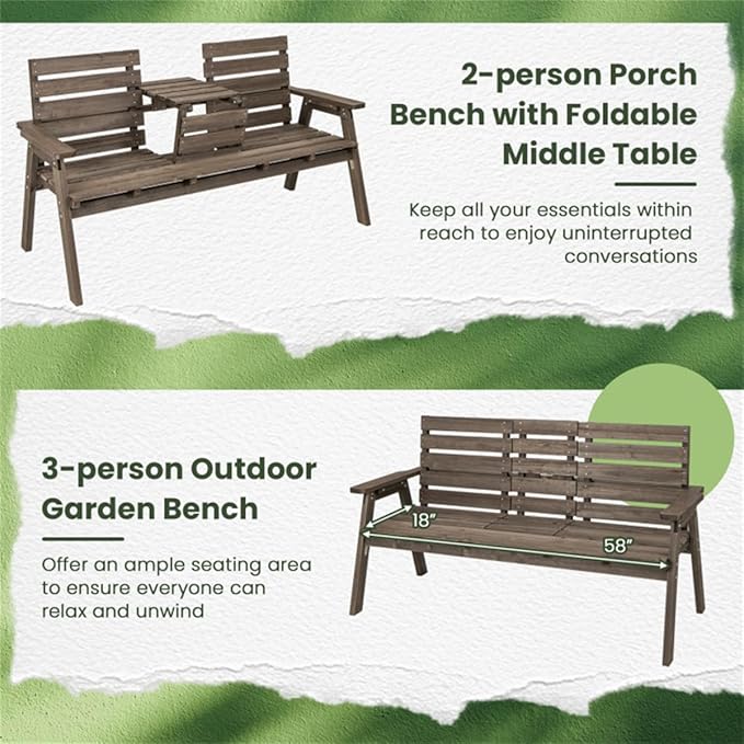 Rustic Outdoor Wooden Bench with Foldable Middle Table,63" 2-3 Persons Porch Bench with Wide Armrests and Slatted Surface,710 LBS Capacity Fir Wood Garden Bench,Coffee