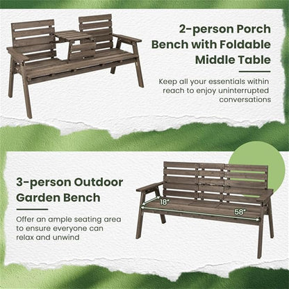 Rustic Outdoor Wooden Bench with Foldable Middle Table,63" 2-3 Persons Porch Bench with Wide Armrests and Slatted Surface,710 LBS Capacity Fir Wood Garden Bench,Coffee
