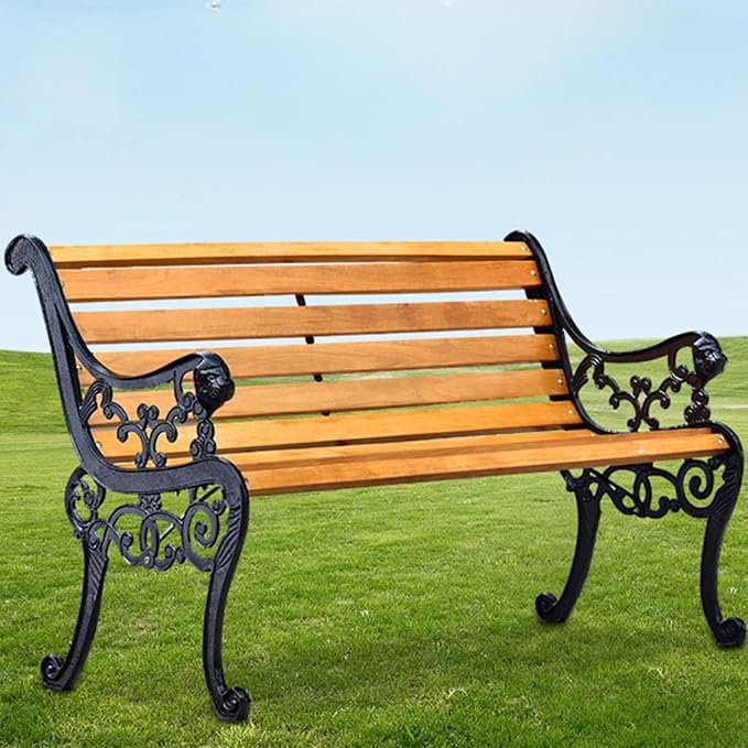 Outdoor Bench, Solid Wood Garden Bench, Metal Bench with Backrest and Armrest, Park Patio Bench for Porch, Lawn(Brown,120cm/47.2in)