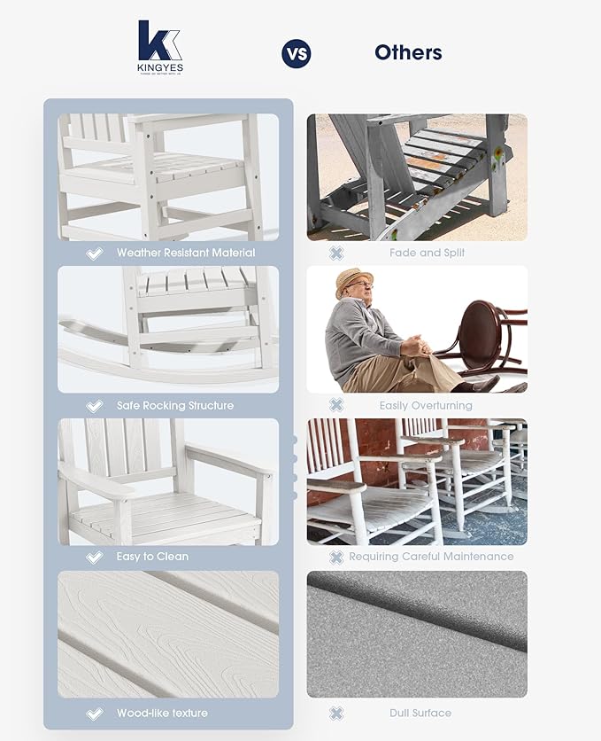 KINGYES Oversized Outdoor Rocking Chair with Cushion, All-Weather Patio Rocking Chairs, HDPE Porch Rocker for Adults, 350 lbs Capacity, White Chair with Flower Cushion